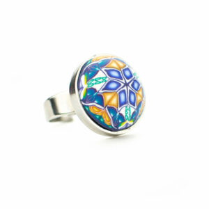 Anillo, artesanal, artesanía, millefiori, caleidoscopio, colores, azul, añil