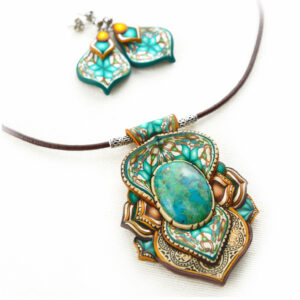 Collar colgante arcilla polimérica millefiori artesanía handmade hippie boho chic rosa opérculo crisocola turquesa verano