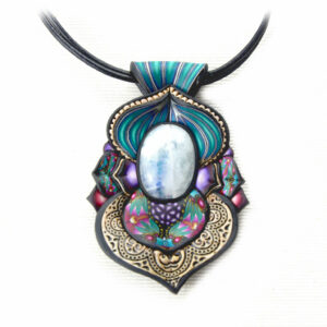 Collar colgante arcilla polimérica millefiori artesanía handmade hippie boho chic rosa piedra luna azul añil