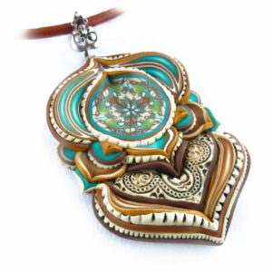 Collar colgante arcilla polimérica millefiori artesanía handmade hippie boho chic rosa piedra luna azul añil