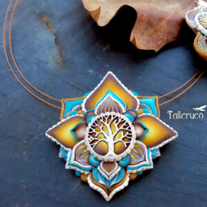 Collar colgante medallón necklace artesano artesanía handmade arte semipreciosa plata árbol de la vida flor de loto amarillo