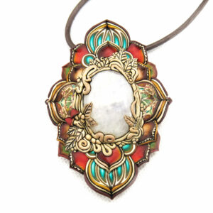 Collar medallón bosque seta rojo árbol piedra luna millefiori artesanía handmade