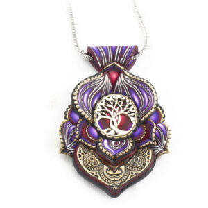 medallón colgante collar cuero arcilla polimérica flor largo artesanía handmade árbol de la vida plata azul