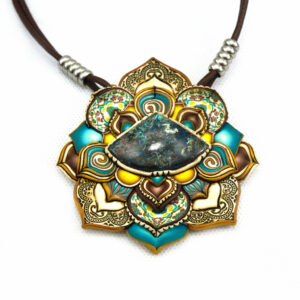 medallón colgante collar cuero arcilla polimérica flor largo artesanía handmade crisocola azul amarillo verano