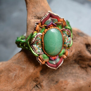 pulsera artesanal artesanía handmade millefiori semipreciosa gema magia amor hippie chic boho bohemian aventurina verde multicolor cuero