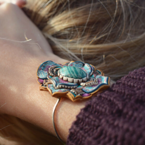 pulsera artesanal artesanía millefiori arcilla polimérica handmade love boho hippie amazonita